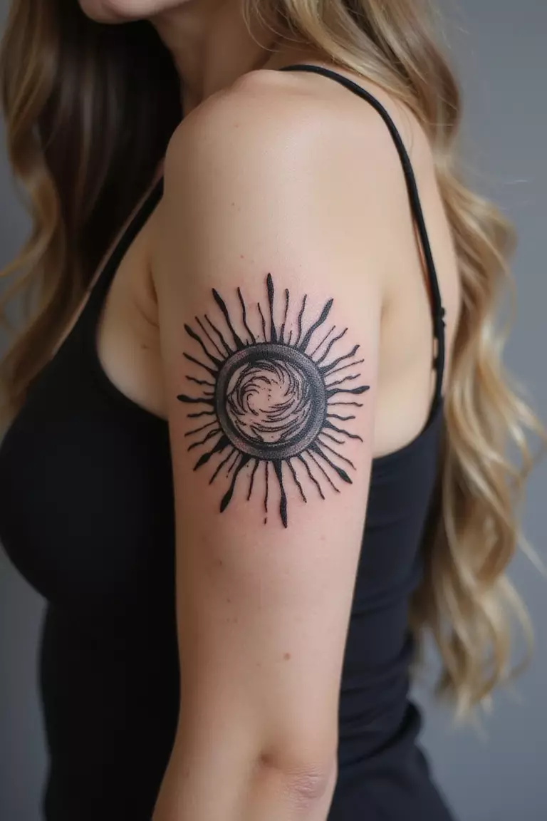 A close-up shot of a woman showing her black ink abstract sun tattoo with swirling lines and non-traditional shapes forming a sun-like figure tattoo design on her arm