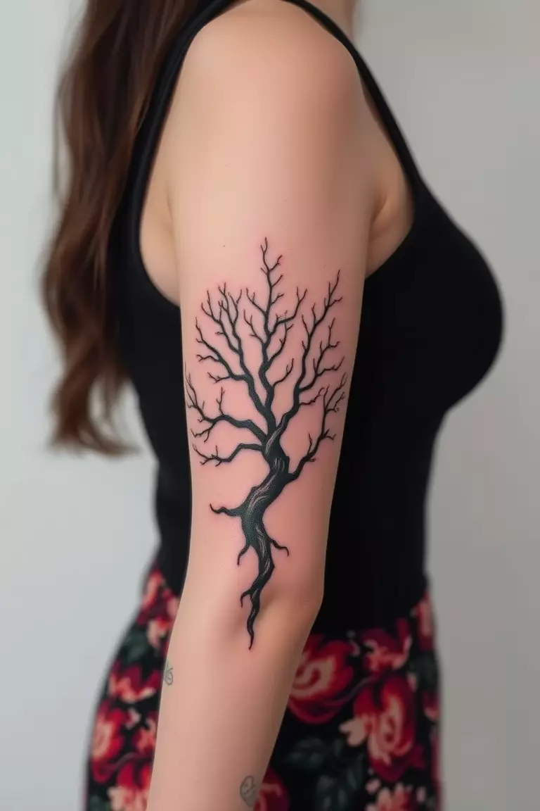A photo of a woman with a black poison tree tattoo on her forearm.