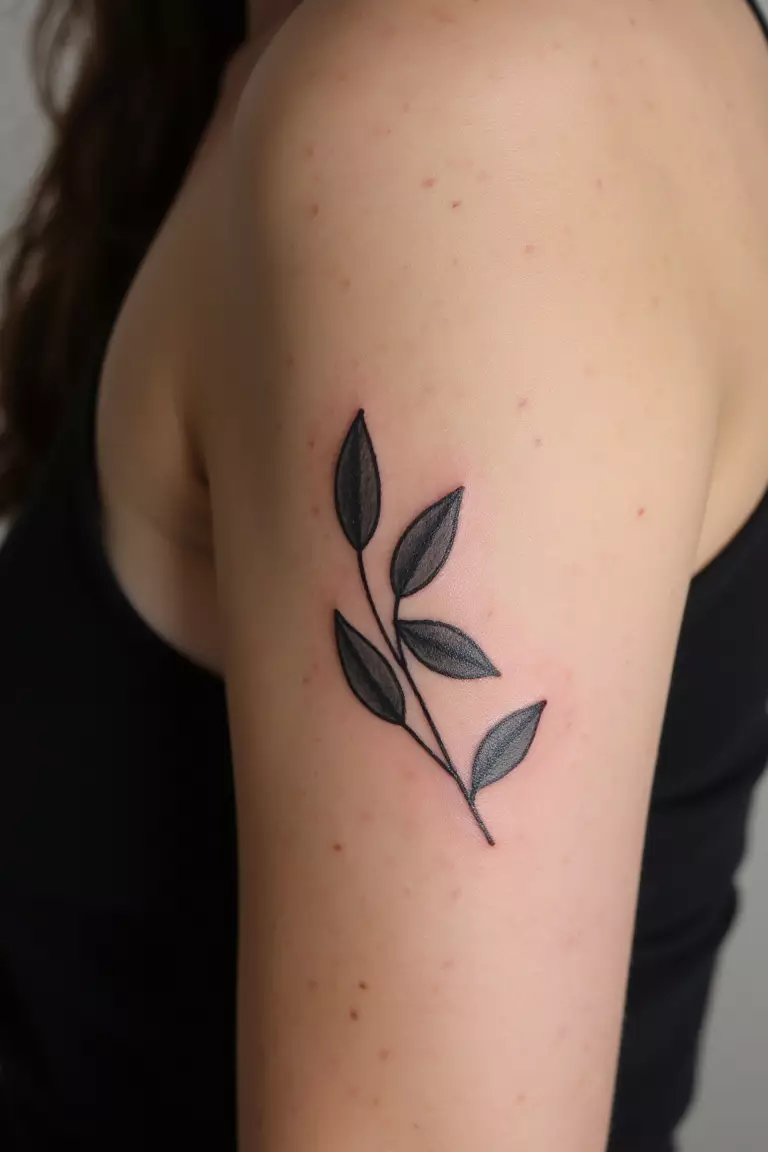 A close up shot of woman's arm with a black ink olive branch featuring a few leaves tattoo  