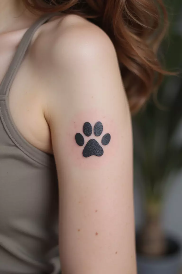 A close-up shot of a woman showing her black ink tiny dog paw print outline tattoo design on her arm