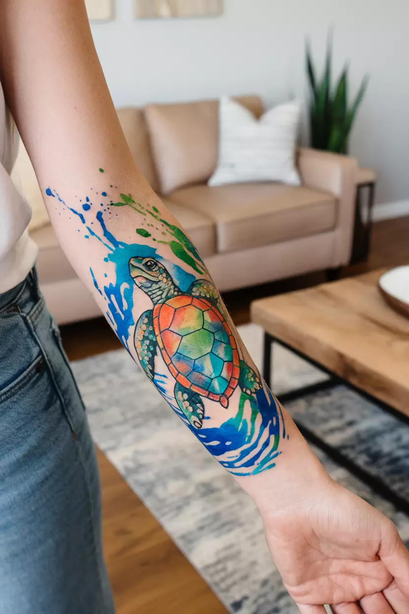 A close-up photo of a woman showing her vibrant watercolor turtle tattoo on her forearm, featuring splashes of blue and green that mimic ocean waves, creating a lively and artistic effect, living room background.