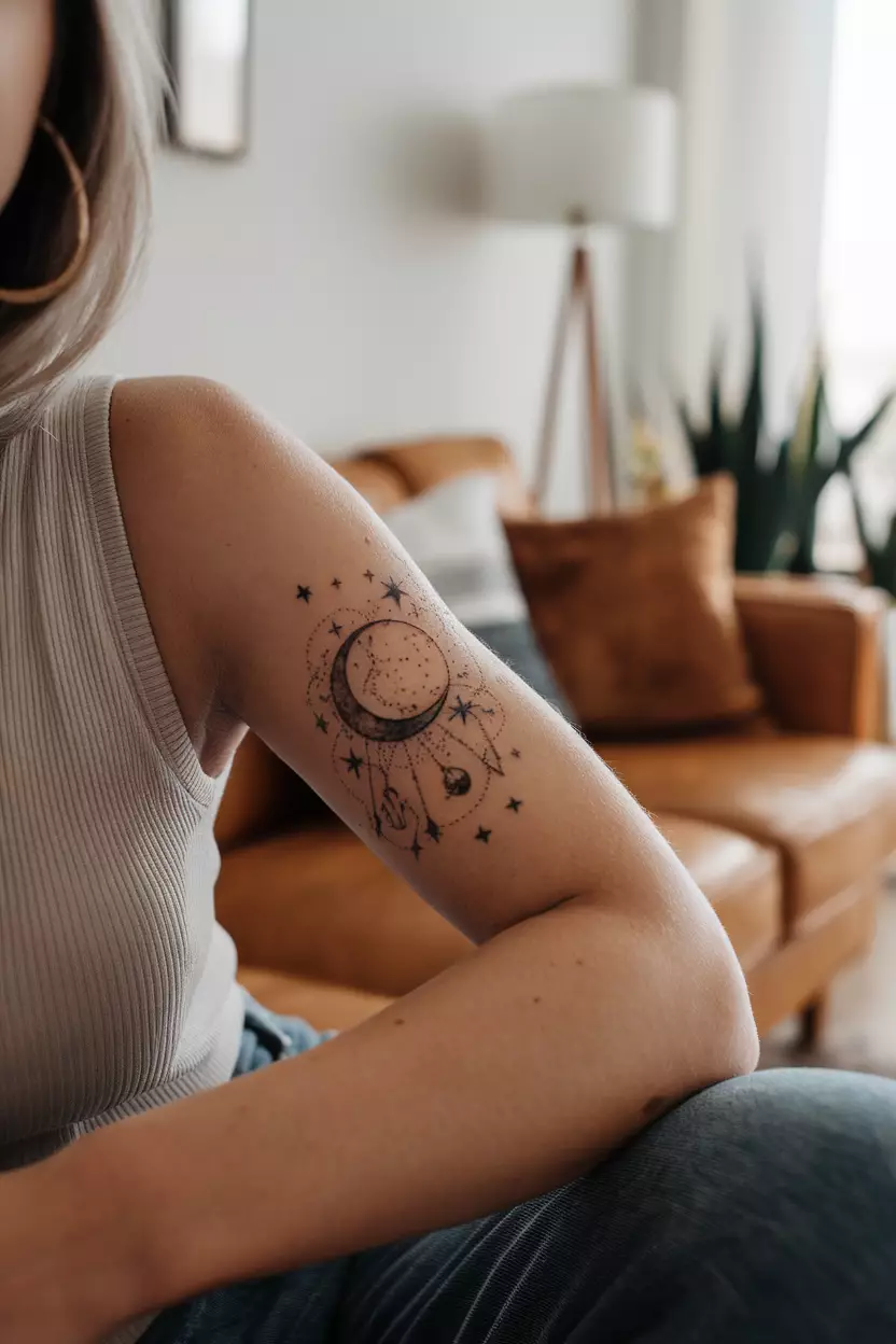 A close-up photo of a woman showing her tattoo of a moon surrounded by stars, planets, and constellations, tattoo design, living room background