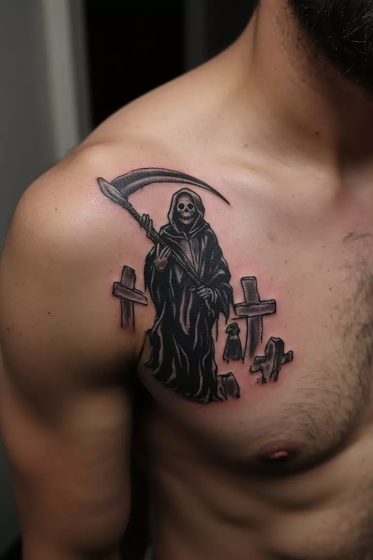 A close up shot of man's shoulder with a black ink grim reaper walking through a graveyard tattoo  