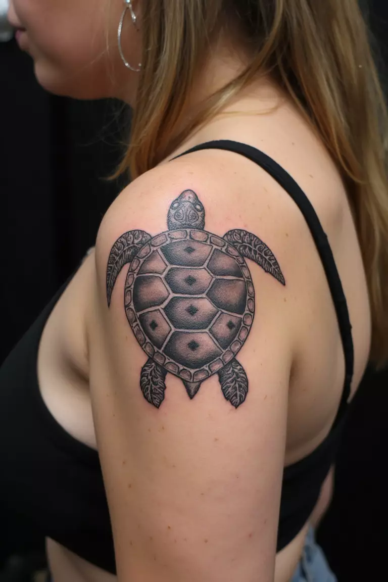 A close up shot of woman's arm with a black ink tattoo featuring detailed sea turtle design in black, grey, and white, showing intricate realistic details.