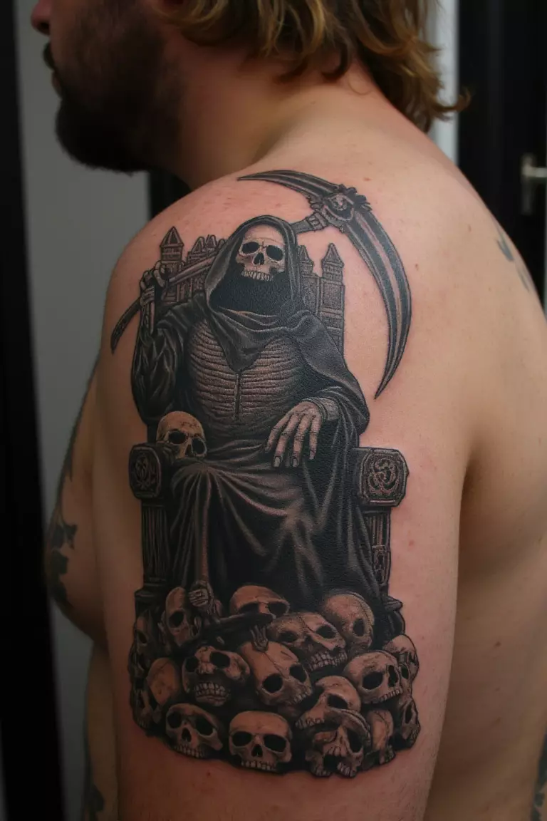 A close up shot of man's shoulder with a black ink grim reaper sitting on a throne of skulls tattoo  
