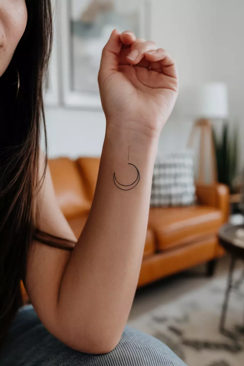 A close-up photo of a woman showing her simple, thin-lined crescent moon tattoo, tattoo design, living room background