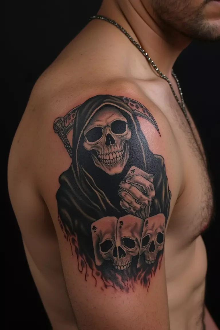 A close up shot of man's shoulder with a black ink grim reaper holding playing cards with skull designs tattoo  