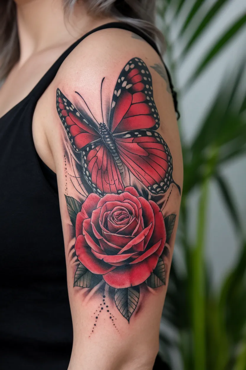 Dramatic Red Butterfly and Rose Tattoo