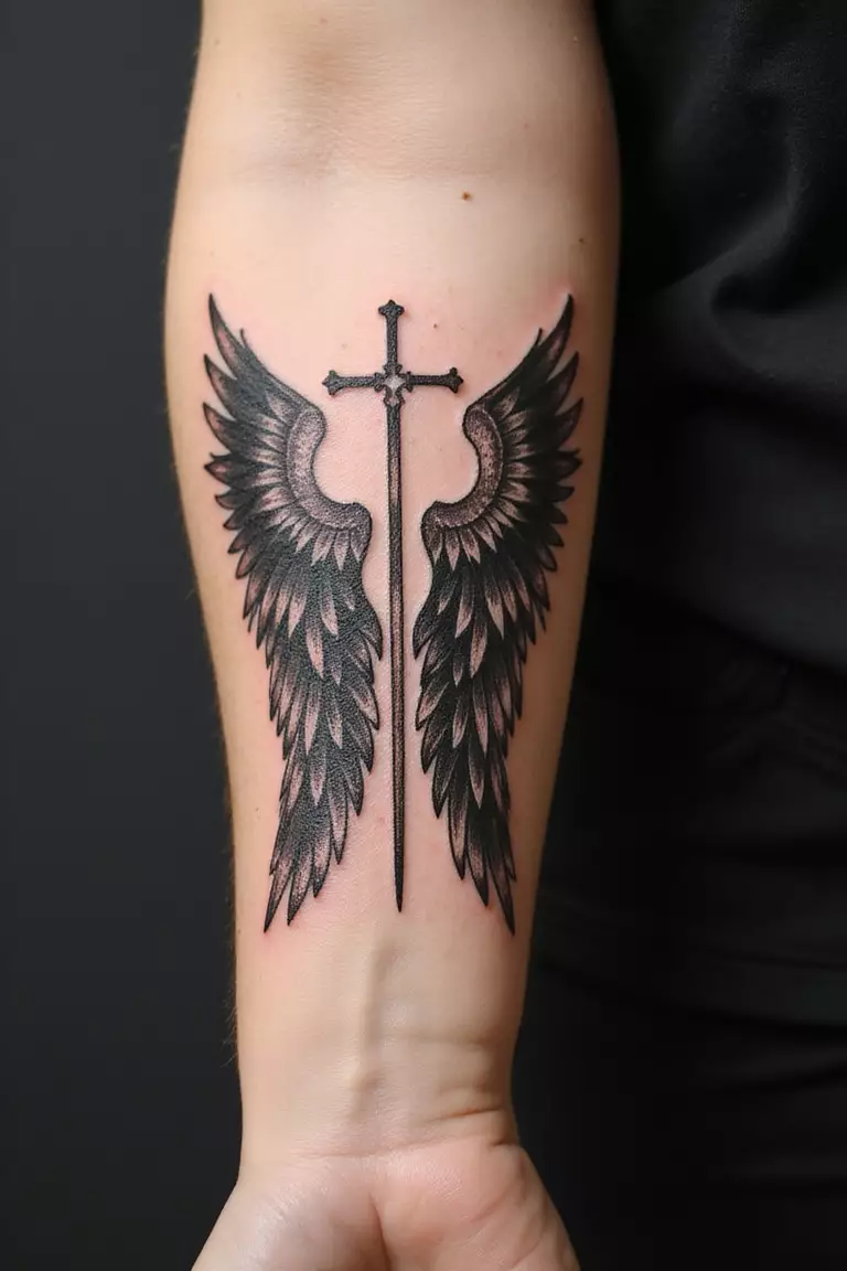 Angel Wings with Cross A close-up shot of a woman's arm with a black ink tattoo of angel wings with a cross.