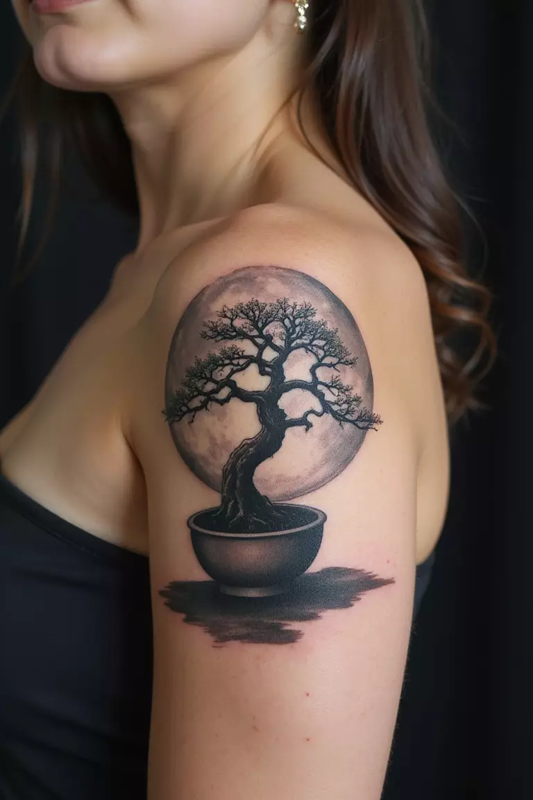 A close-up shot of a woman showing her black ink bonsai tree silhouetted against a full moon tattoo design on her arm