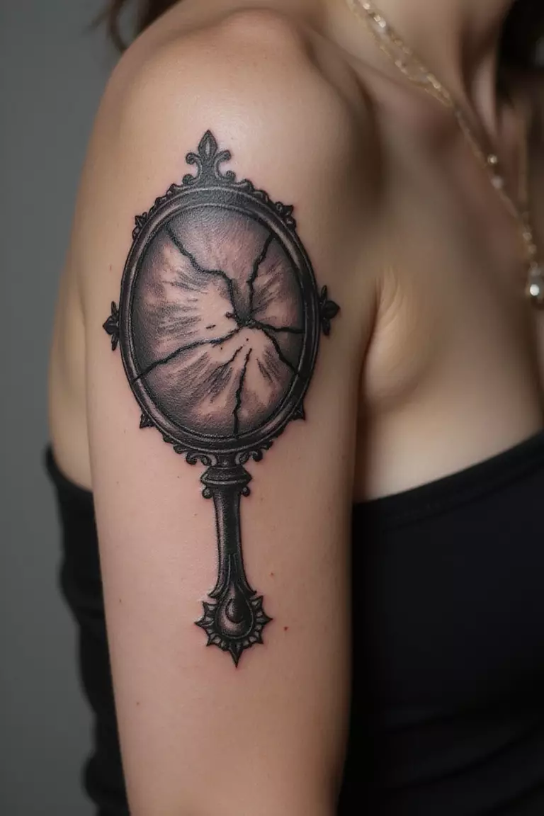 A close up shot of woman's arm with a black ink tattoo of a broken mirror.