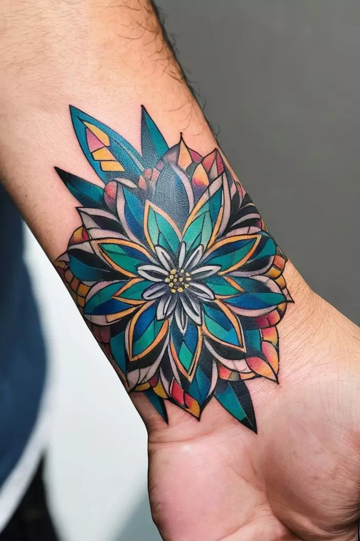 A close-up photo of a man showing his wrist floral geometric tattoo, featuring delicate floral designs combined with soft geometric shapes on his wrist.  