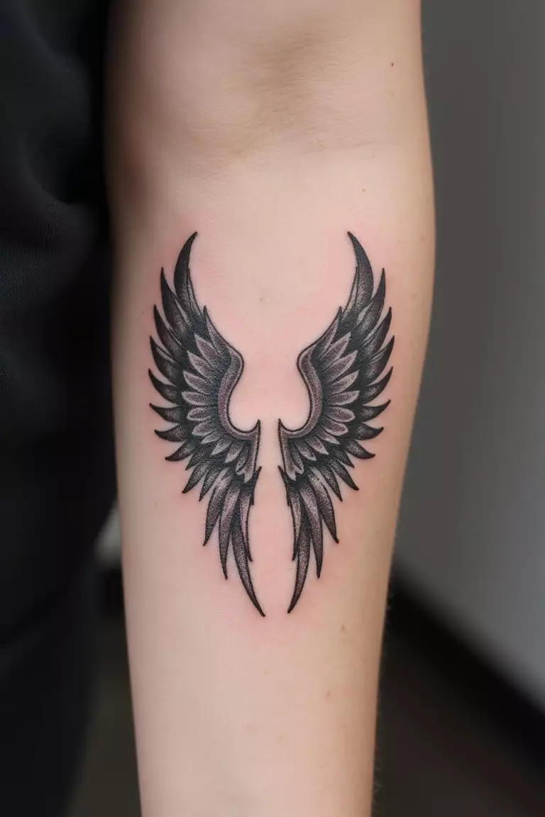 Geometric Angel Wings A close-up shot of a woman's arm with a black ink tattoo of geometric angel wings.