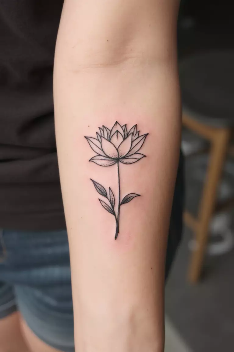 A close up shot of woman's arm with a black ink minimalist lotus flower with a few leaves tattoo  