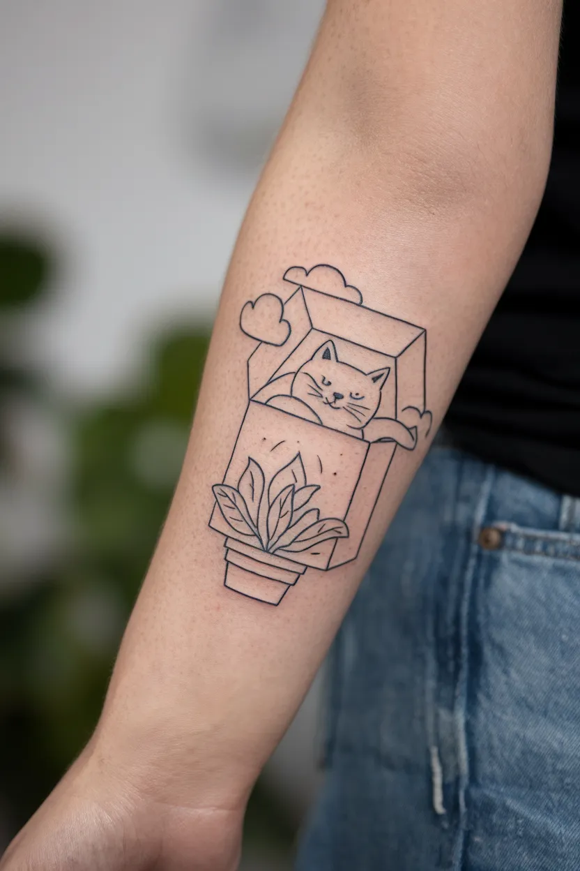 A Simple Line Drawing of a Cat in a Box