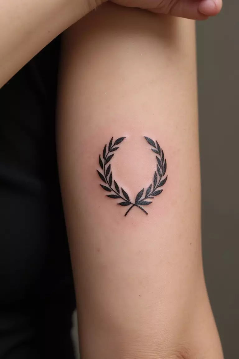 A close up shot of woman's arm with a black ink tattoo of a simplified laurel wreath inspired by Apollo, representing victory and achievement.