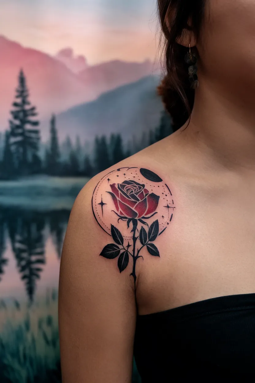 Rose Silhouette With Moon Backdrop