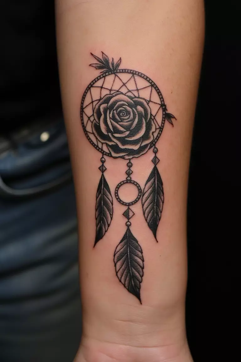 A close up shot of woman's arm with a black ink rose dreamcatcher tattoo.  