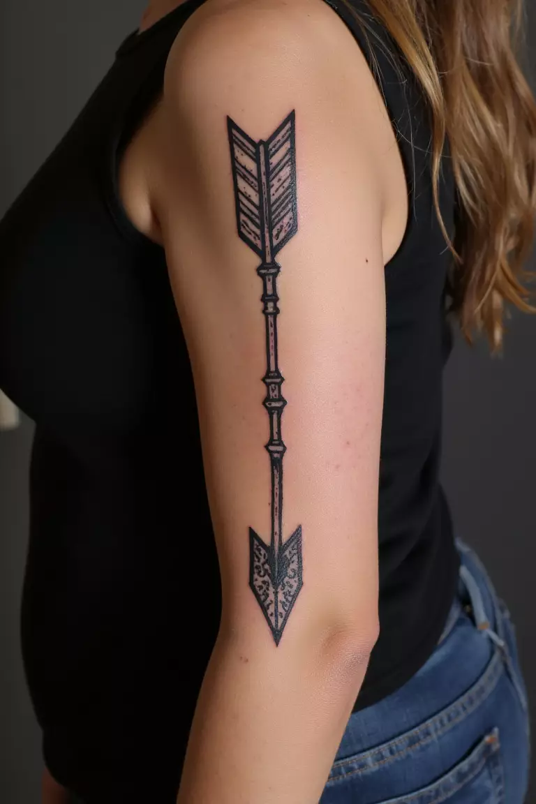 A close up shot of woman's arm with a black ink tribal arrow tattoo, incorporating traditional tribal patterns and bold design