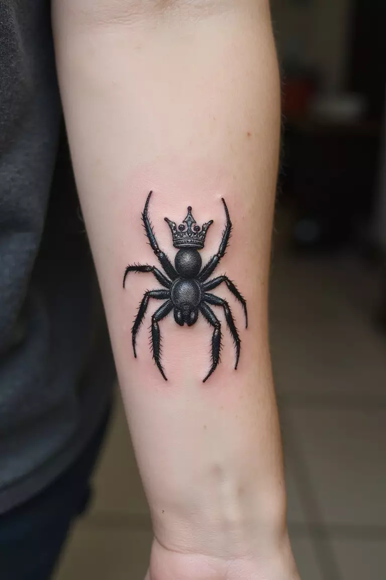 A close-up shot of a woman's arm with a black ink tattoo of a spider wearing a tiny, detailed crown on its head.