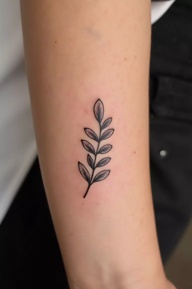 A close up shot of woman's arm with a black ink tattoo of a small olive branch inspired by Athena, representing peace and harmony.
