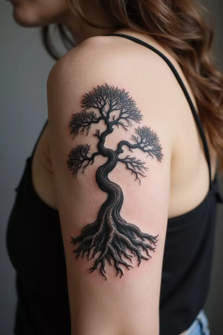 A close-up shot of a woman showing her black ink very old, gnarled bonsai tree with thick, twisted trunk tattoo design on her arm