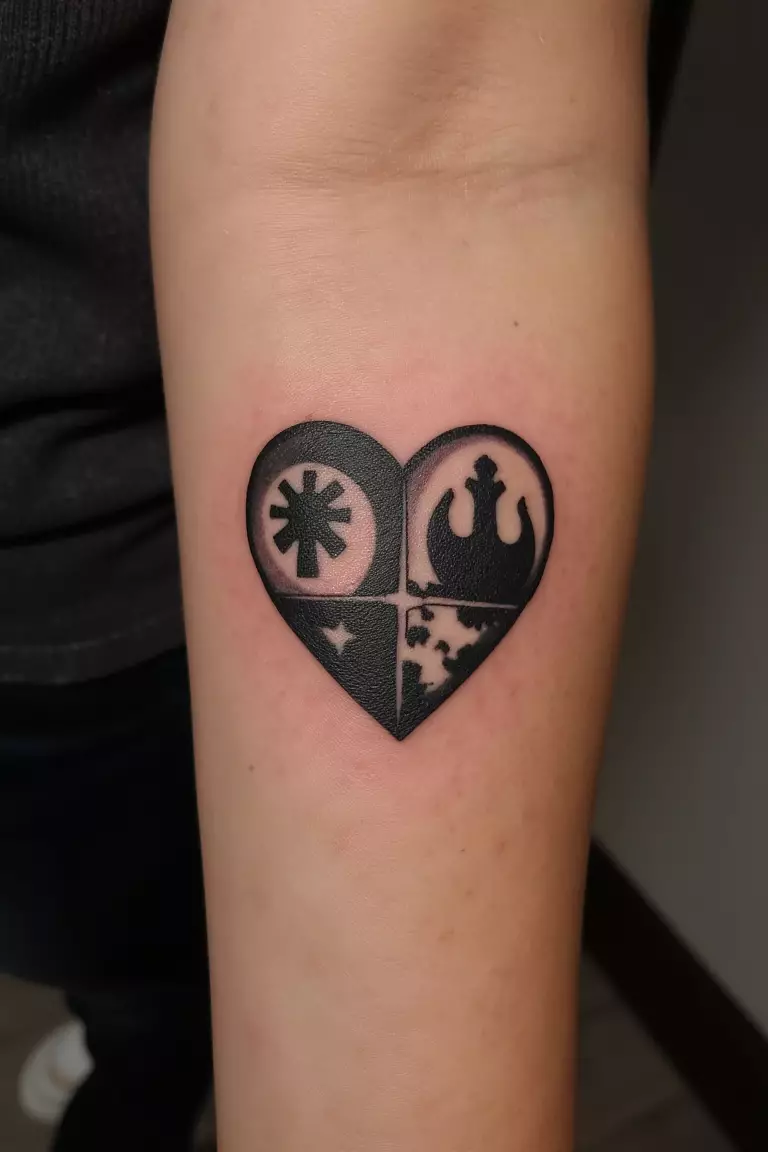 A close up shot of woman's arm with a black ink Star Wars-inspired heart tattoo, incorporating iconic symbols