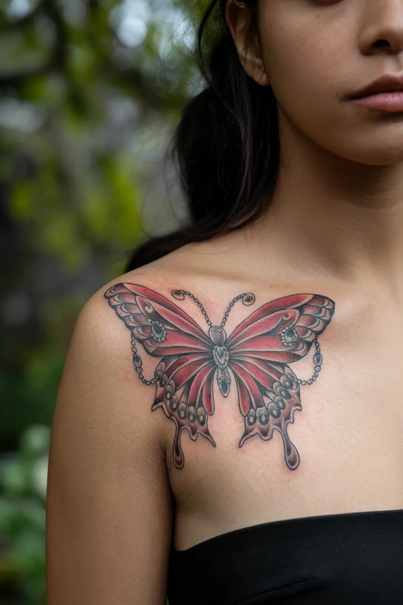 Ornate Red Butterfly With Jewelry Details