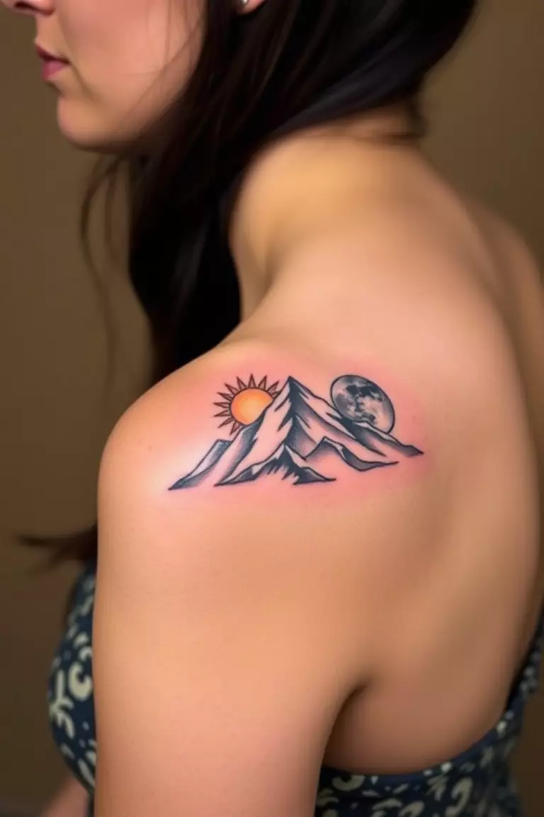 A photo of a woman with a mountain tattoo with sun and moon imagery on her shoulder, symbolizing balance.  