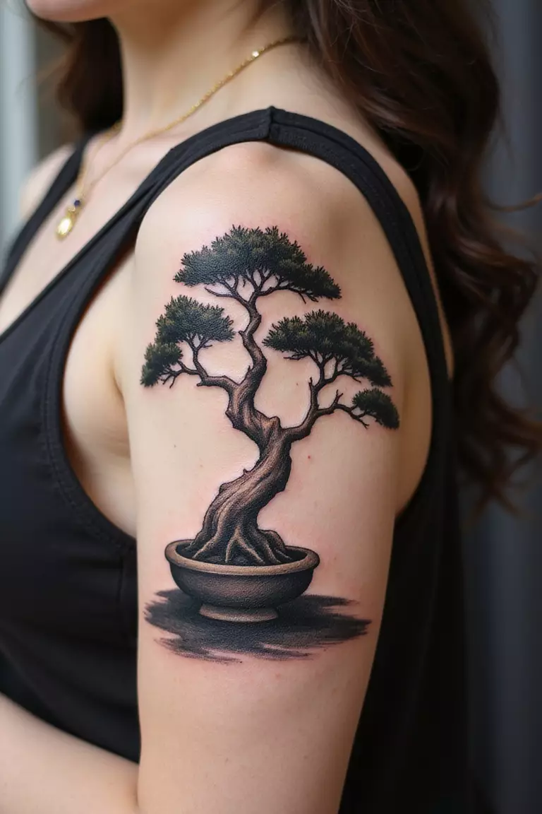 A close-up shot of a woman showing her black ink abstract bonsai tree created with painterly brush strokes tattoo design on her arm
