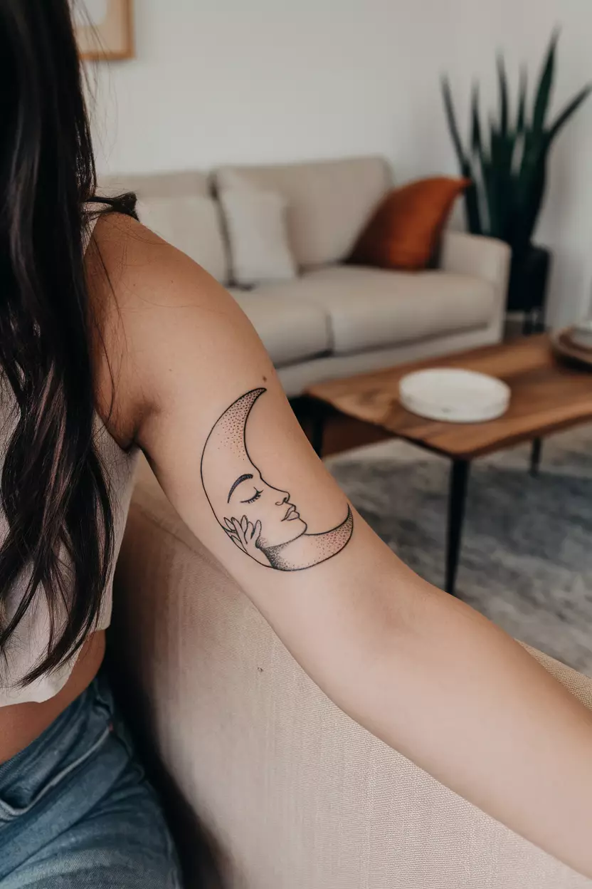 A close-up photo of a woman showing her arm with a whimsical tattoo of a crescent moon featuring a serene face, tattoo design, living room background
