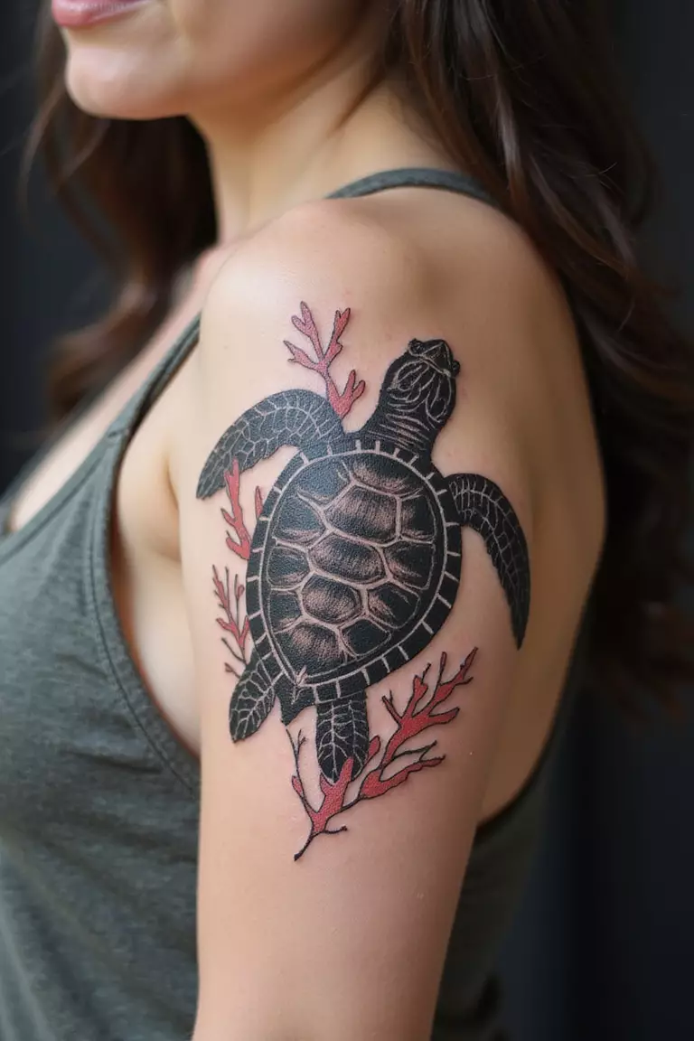 A close-up shot of a woman showing her black ink coral and sea turtle tattoo design on her arm