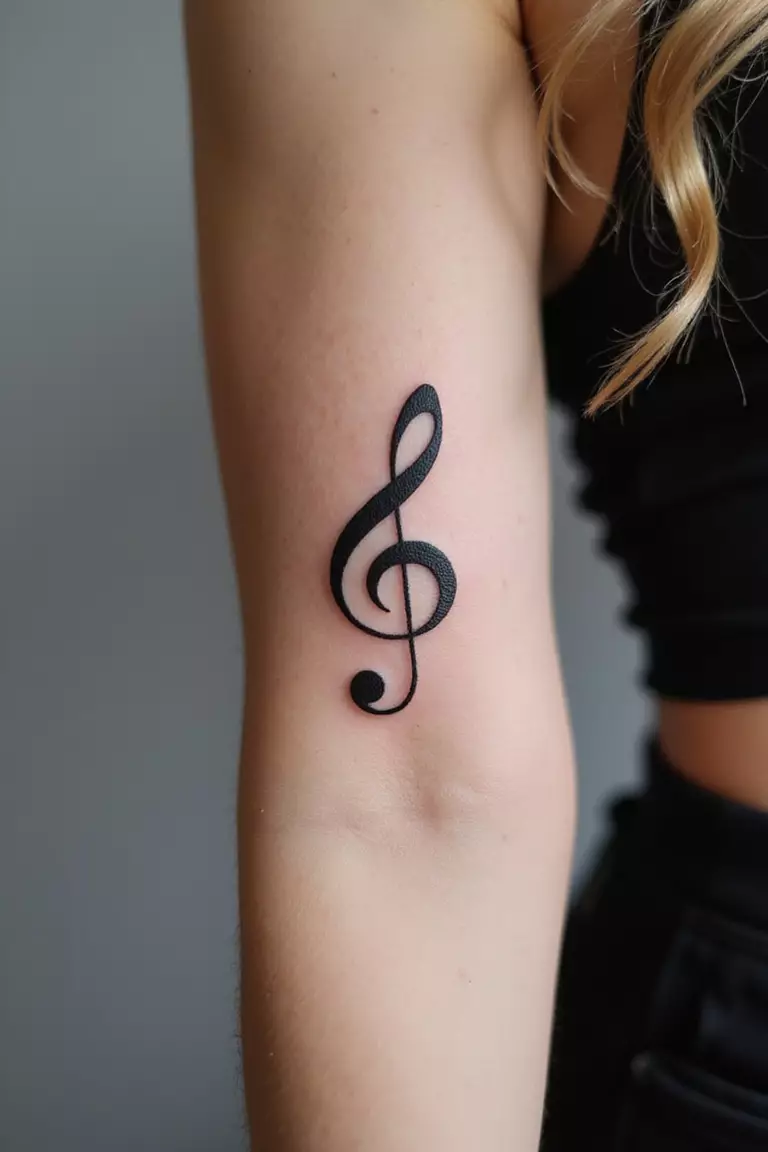 A close-up shot of a woman's arm with a black ink tattoo of a single, elegant music note, like a quaver or treble clef.