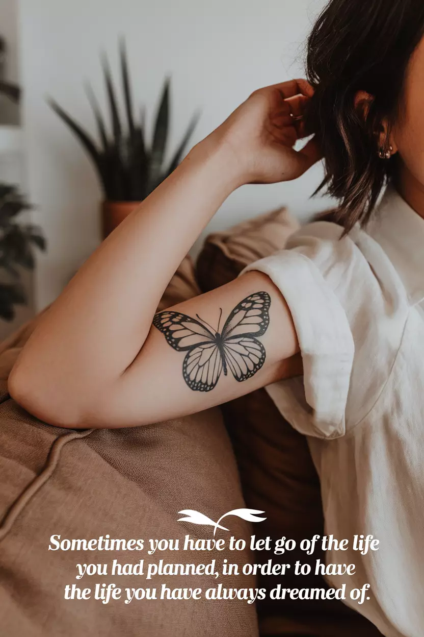 A close-up photo of a woman showing her black butterfly tattoo accompanied by an inspiring quote that reflects personal growth and transformation, tattoo design, living room background