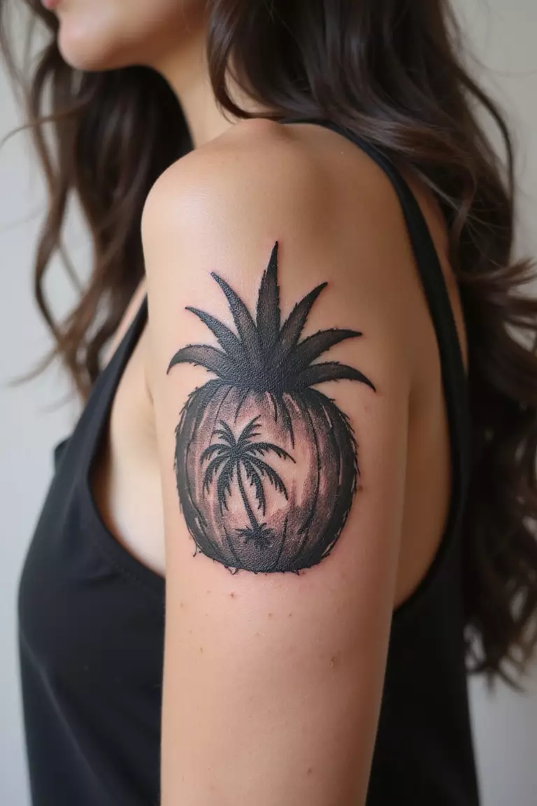 A close-up shot of a woman showing her black ink island coconut tattoo on her arm