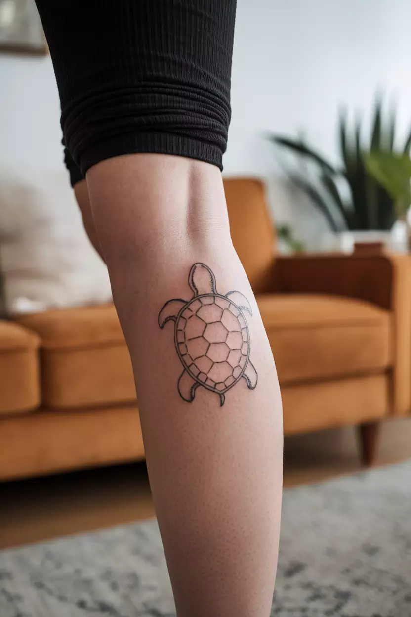A close-up photo of a woman showing her simple silhouette turtle tattoo behind her leg, emphasizing clean lines for an elegant yet subtle statement piece, living room background.