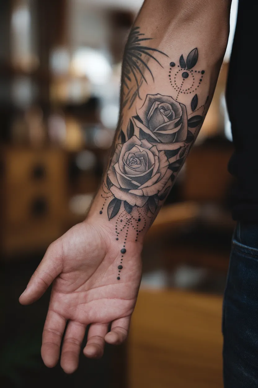 Black and Gray Rose Hand Tattoo With Dotwork
