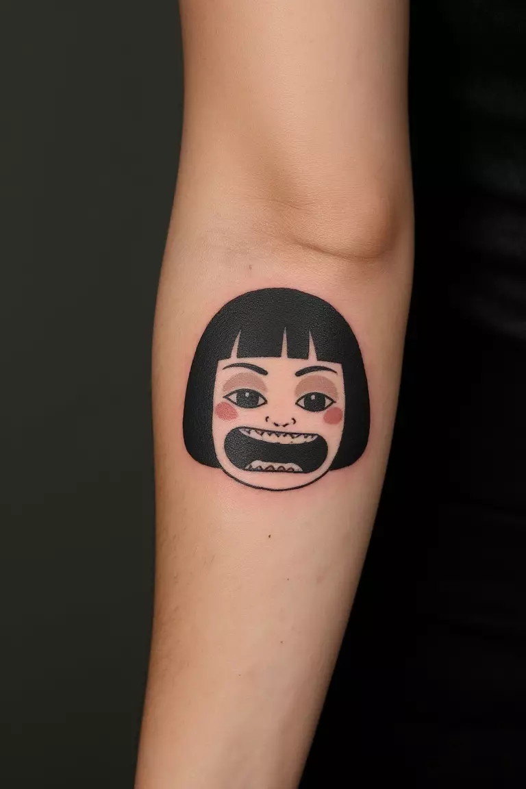 A close up shot of woman's arm with a black ink minimalist Daruma doll face tattoo  