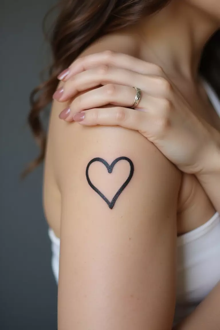 A close-up shot of a woman showing her black ink simple heart shape tattoo design, small and solid black, on her arm