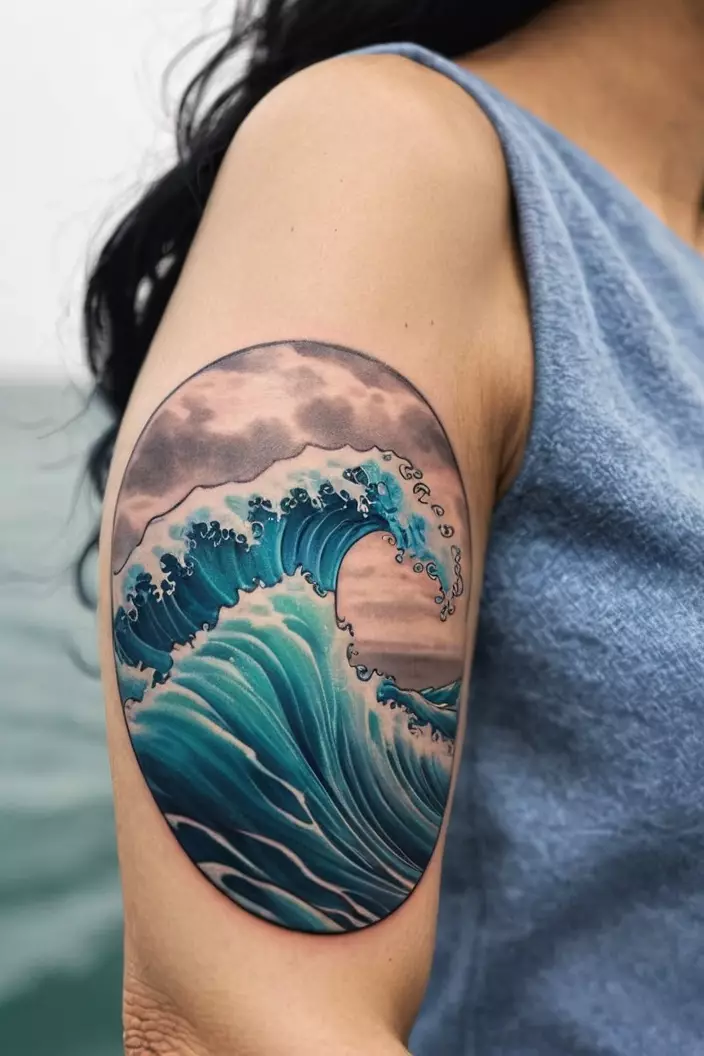 A photo of a woman showcasing a circular tattoo of realistic ocean waves on her upper arm.  