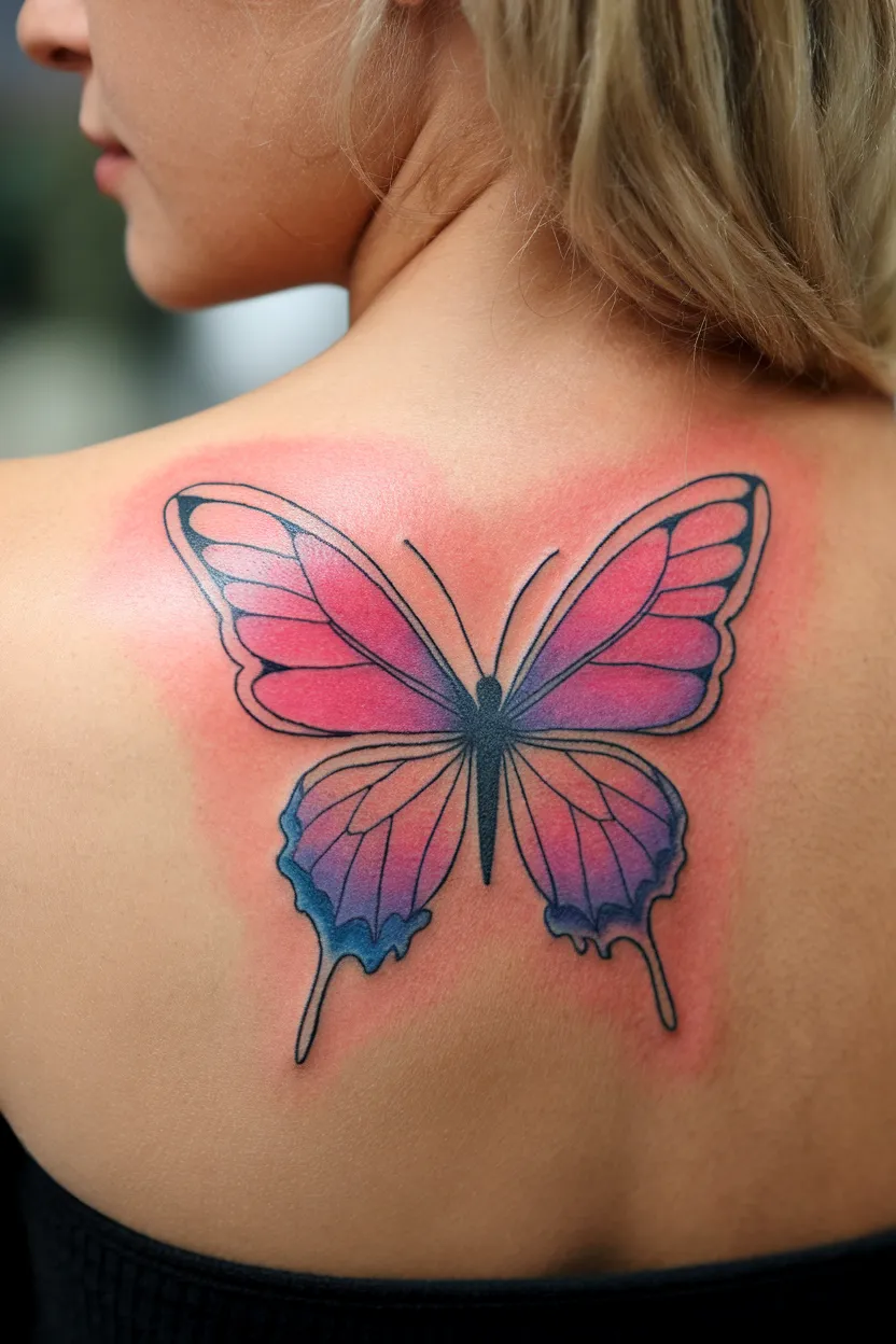 Watercolor-Style Butterfly Spine Tattoo