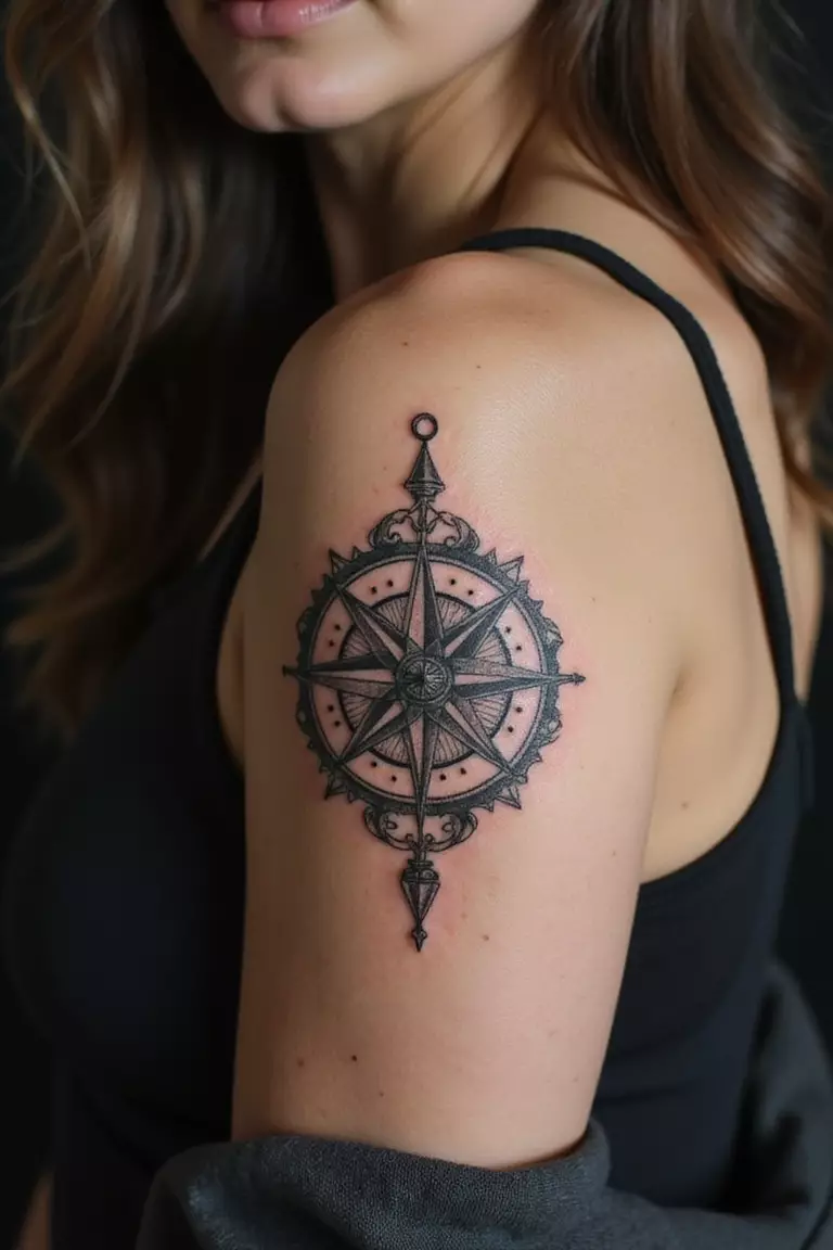 A close-up shot of a woman showing her black ink compass for guidance tattoo on her arm
