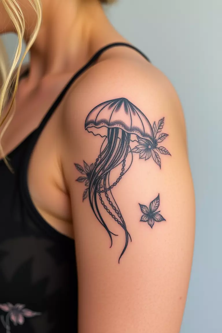 A close-up photo of a woman showing her jellyfish with floral elements tattoo.  