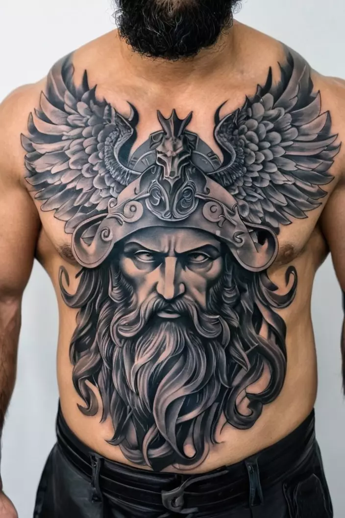 A photo of a man with a majestic Poseidon chest tattoo in black and gray.