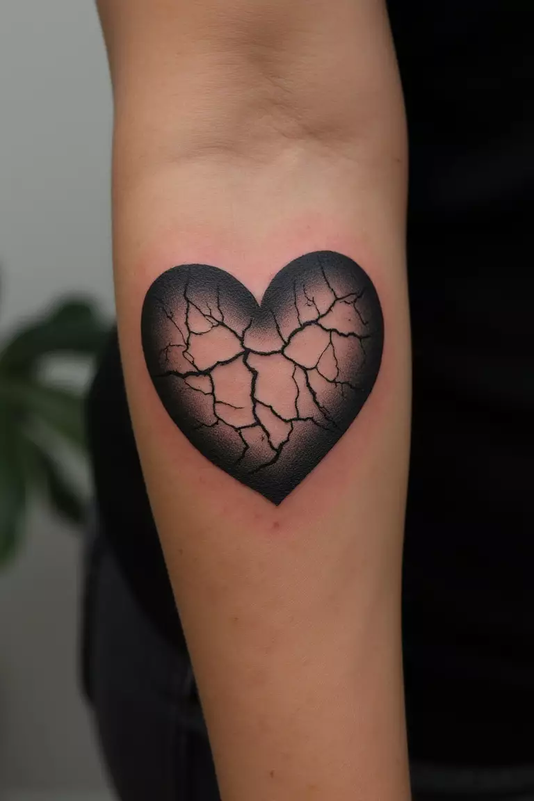 A close up shot of woman's arm with a black ink broken heart tattoo, cracked and fragmented design