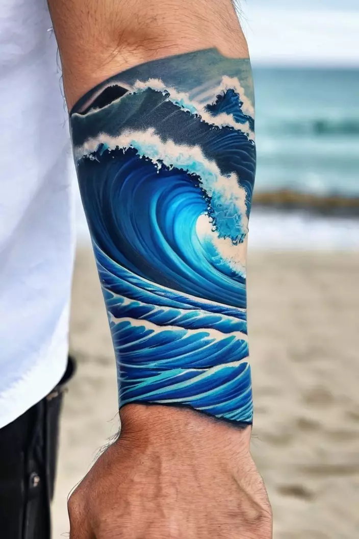 A photo of a man with a realistic blue waves armband tattoo wrapped around his arm.  