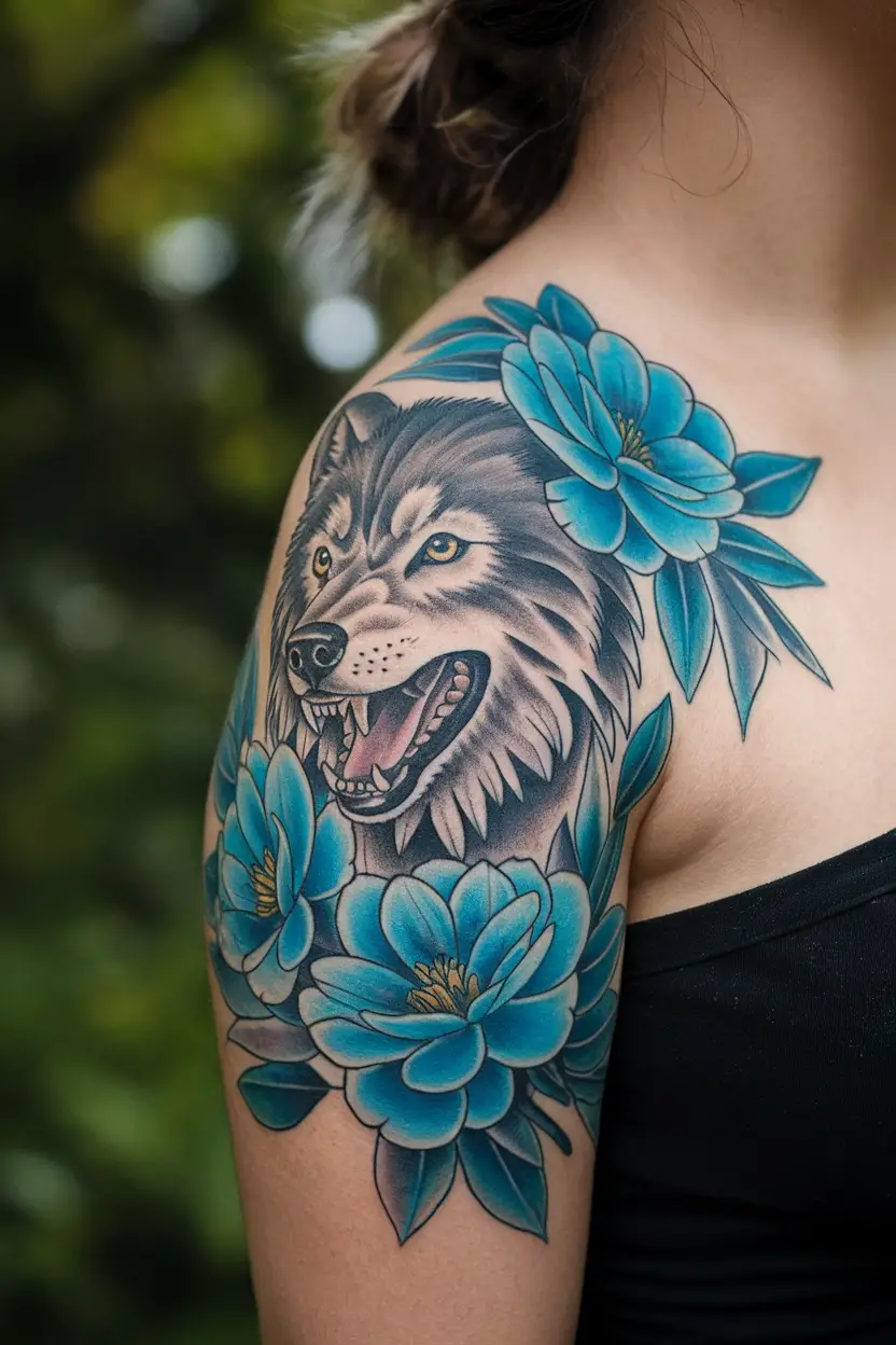 Blue Flowers and Wolf Tattoo
