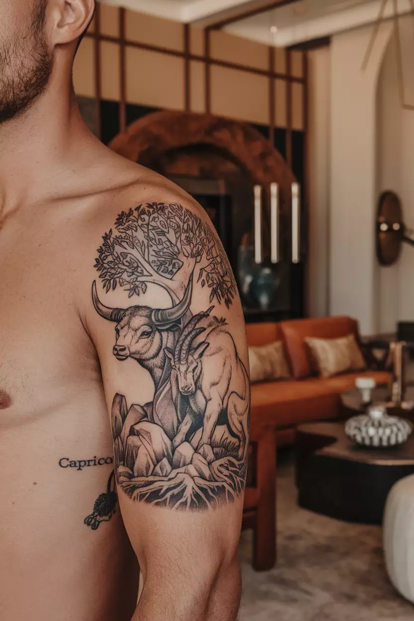 A close-up photo of a man showing his detailed tattoo representing both Taurus and Capricorn on his upper arm, showcasing their shared earth element in front of an elegant living room adorned with earthy tones and sophisticated decor items.