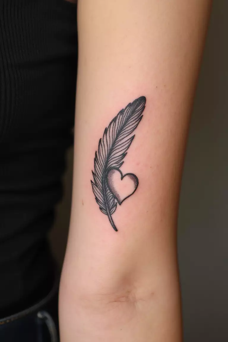 A close up shot of woman's arm with a black ink feather with heart design tattoo, heart subtly incorporated into feather shape