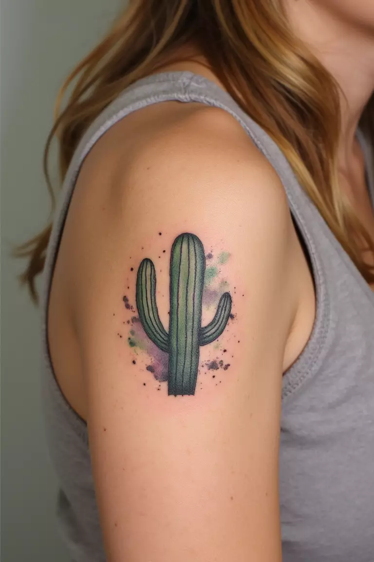 A close up shot of a woman showing her black ink simple cactus tattoo with a watercolor splash background on her arm  